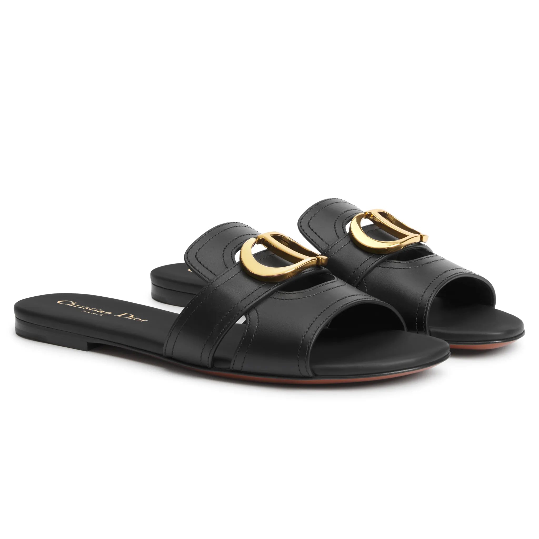 Front Side View of Dior 30 Montaigne Calfskin Black Slides
